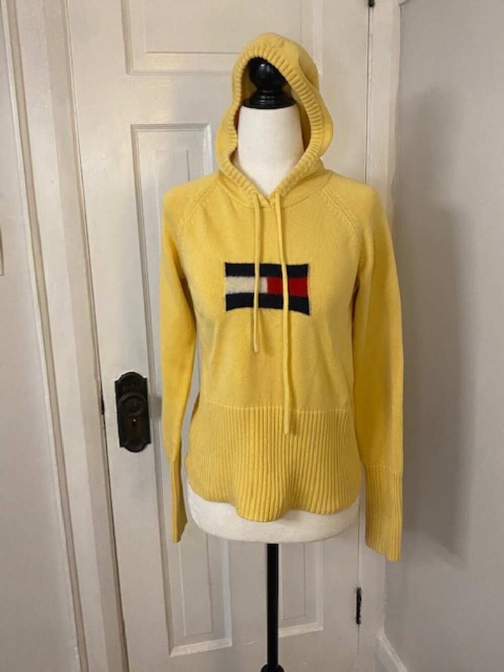VTG Tommy Hilfiger Cotton Knit Hoody Yellow S Logo Japan Y2K